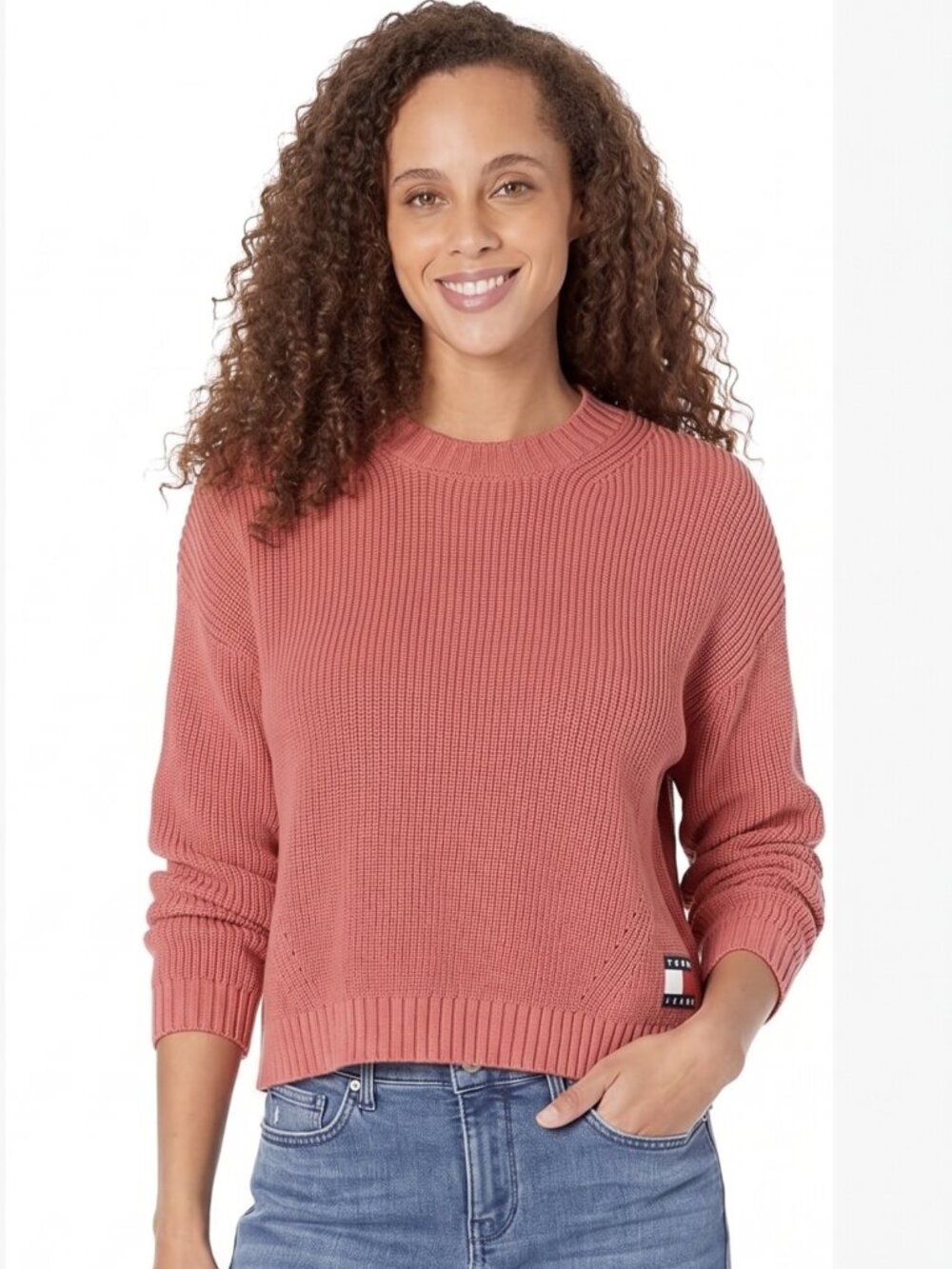 Tommy Hilfiger Crew Neck Flag Sweater Dusty Coral Cozy Crop Length Size Small